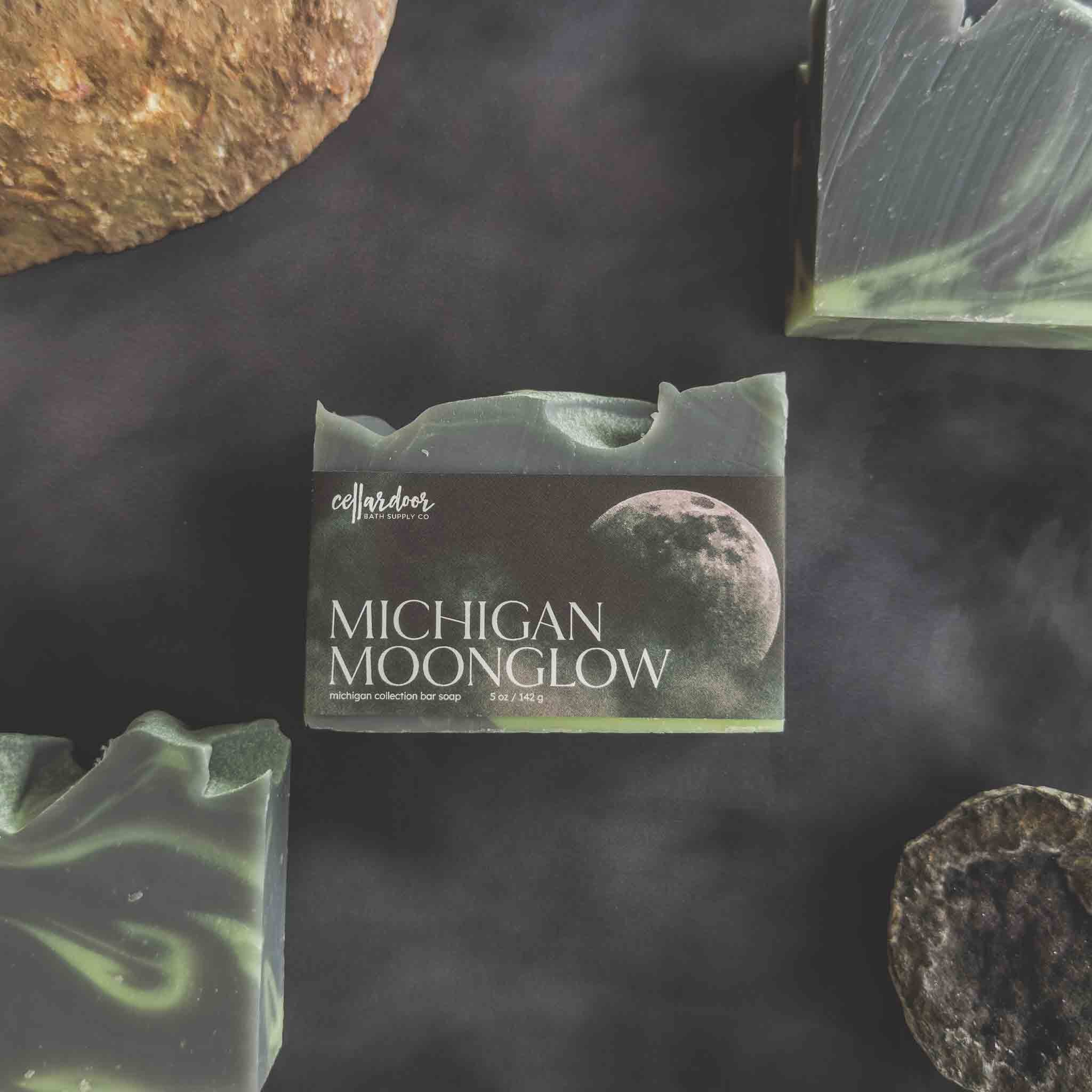 Bar of soap labeled 'Michigan Moonglow' with a dark background